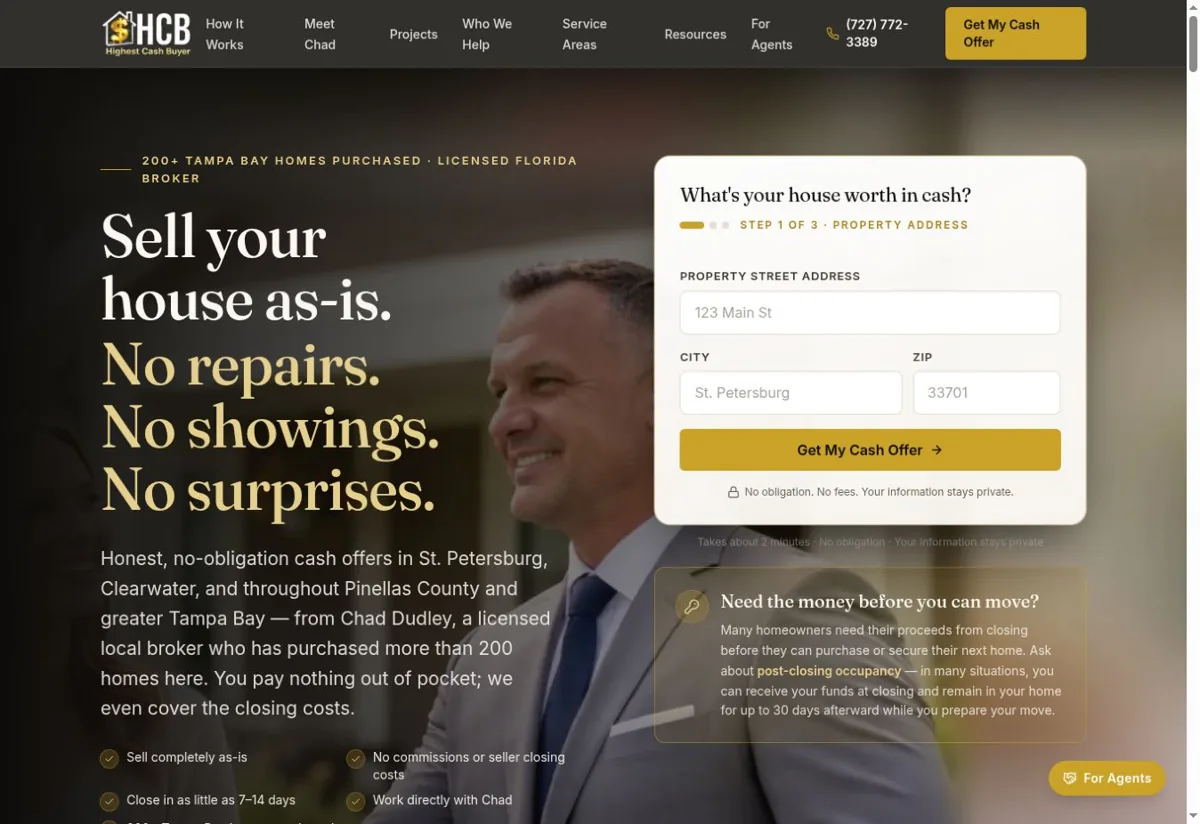 Highest Cash Buyer website homepage, captured October 2026